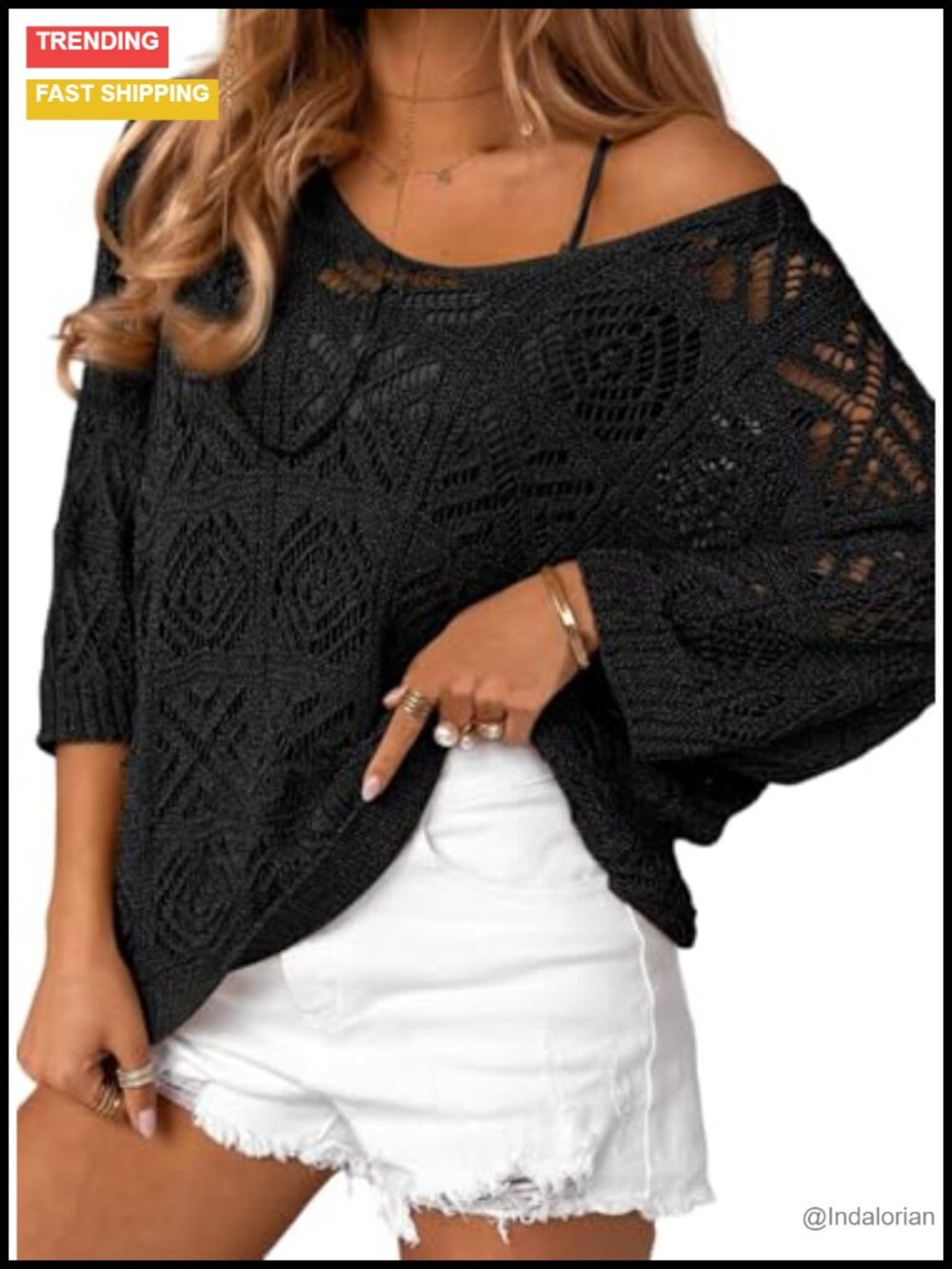 Crochet Hollow Out 3/4 Sleeve Pullover Sweater Off Shoulder T-Shirt